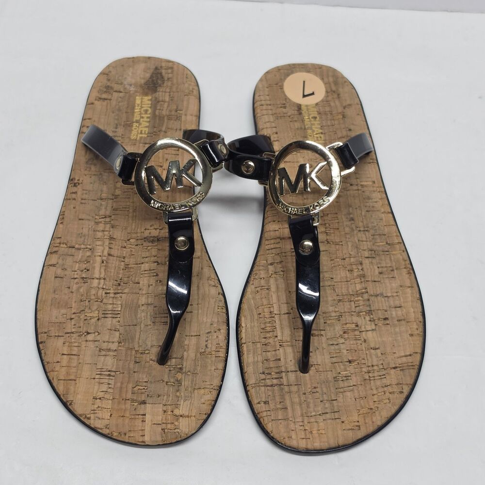 Michael Kors Women's 7 Black Jelly Thong T strap Sandals Gold Logo Cork Insoles